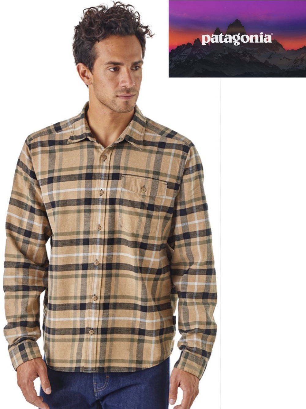 Patagonia Fjord Flannel Plaid Button Down Cotton Dress Shirt in Tan, Black White